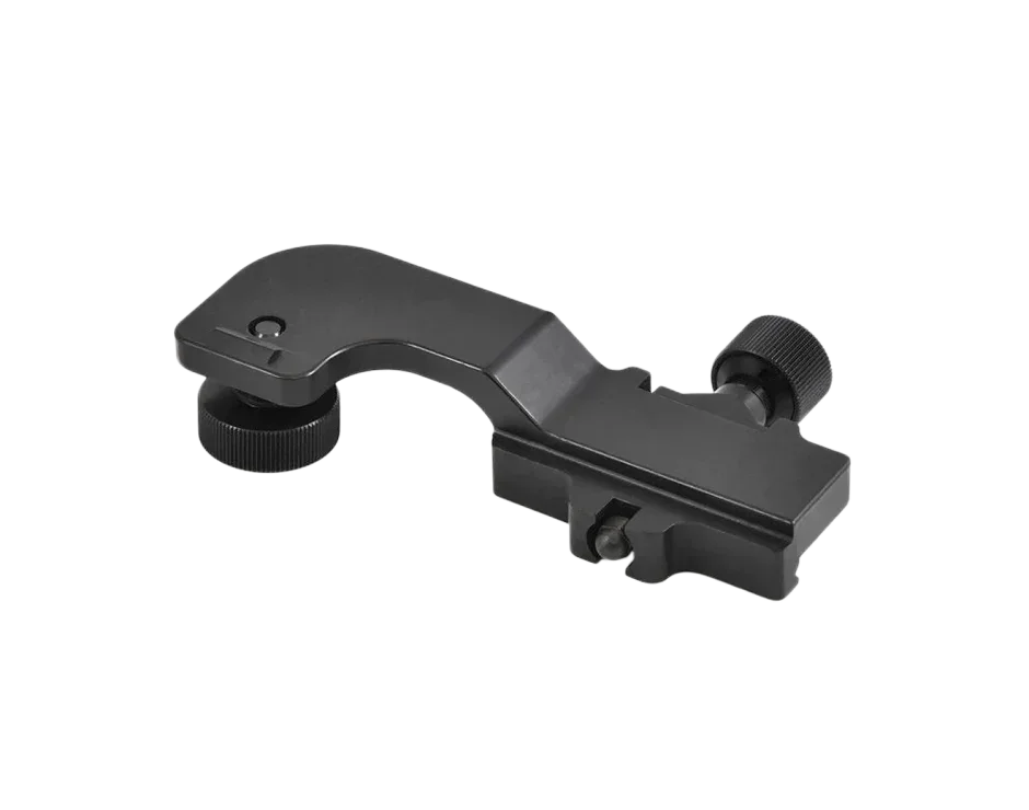 Black metal mounting bracket with adjustment knobs for night vision optics
