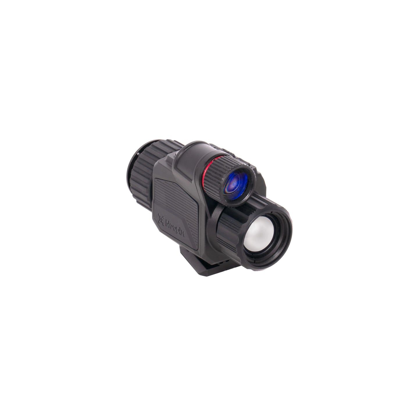 Black digital night vision monocular with eyepiece and objective lens on a white background