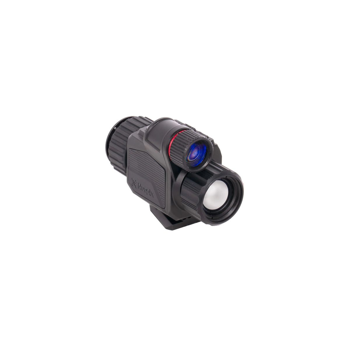 Black digital night vision monocular with eyepiece and objective lens on a white background
