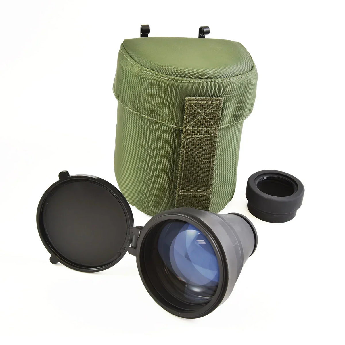 Night vision optic lens with black lens cap and olive green carrying case
