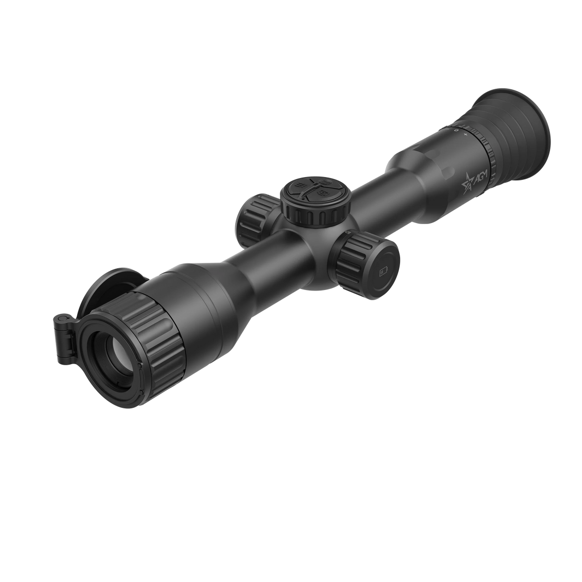 Black tactical rifle scope with adjustment knobs on a white background