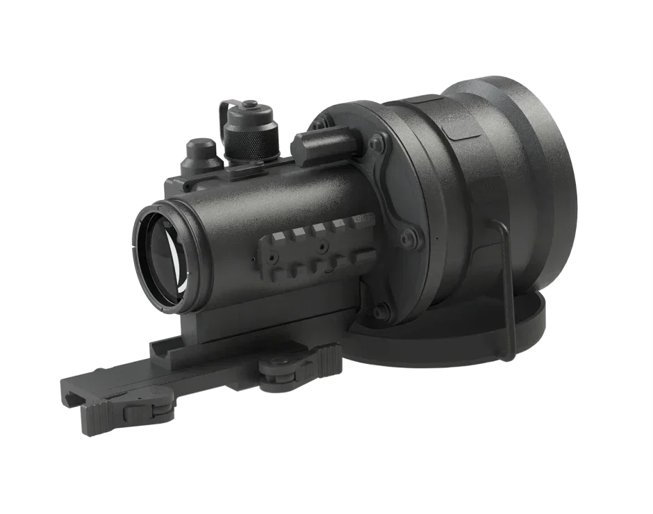 Tactical night vision scope with mounting rail, black, isolated on white background