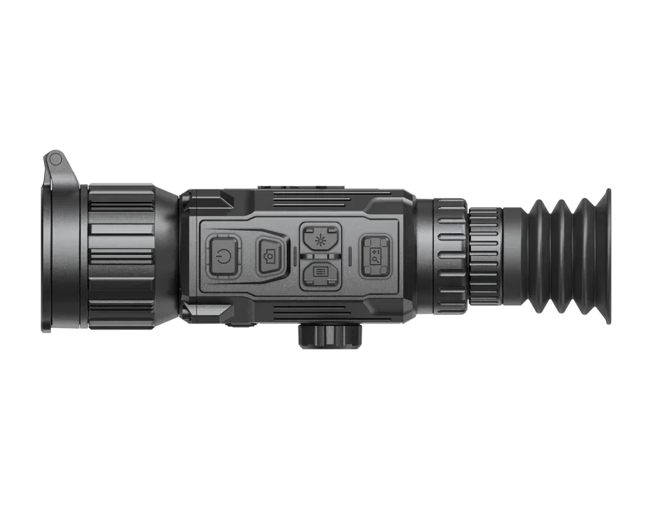 Close-up side view of a digital night vision device control panel with buttons