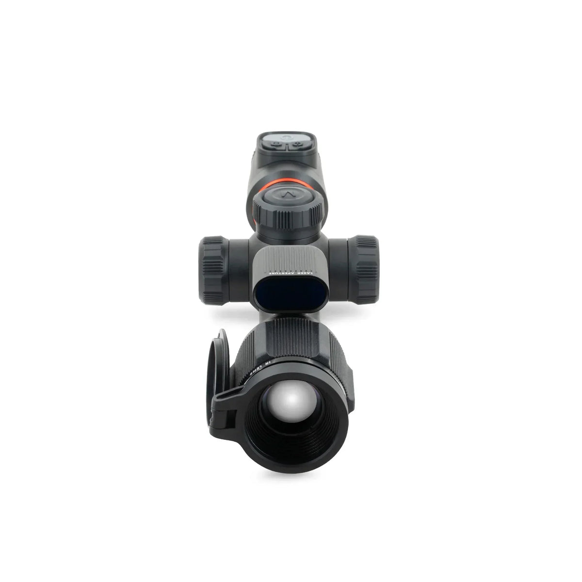 Top view of a black night vision scope with adjustment knobs on a white background