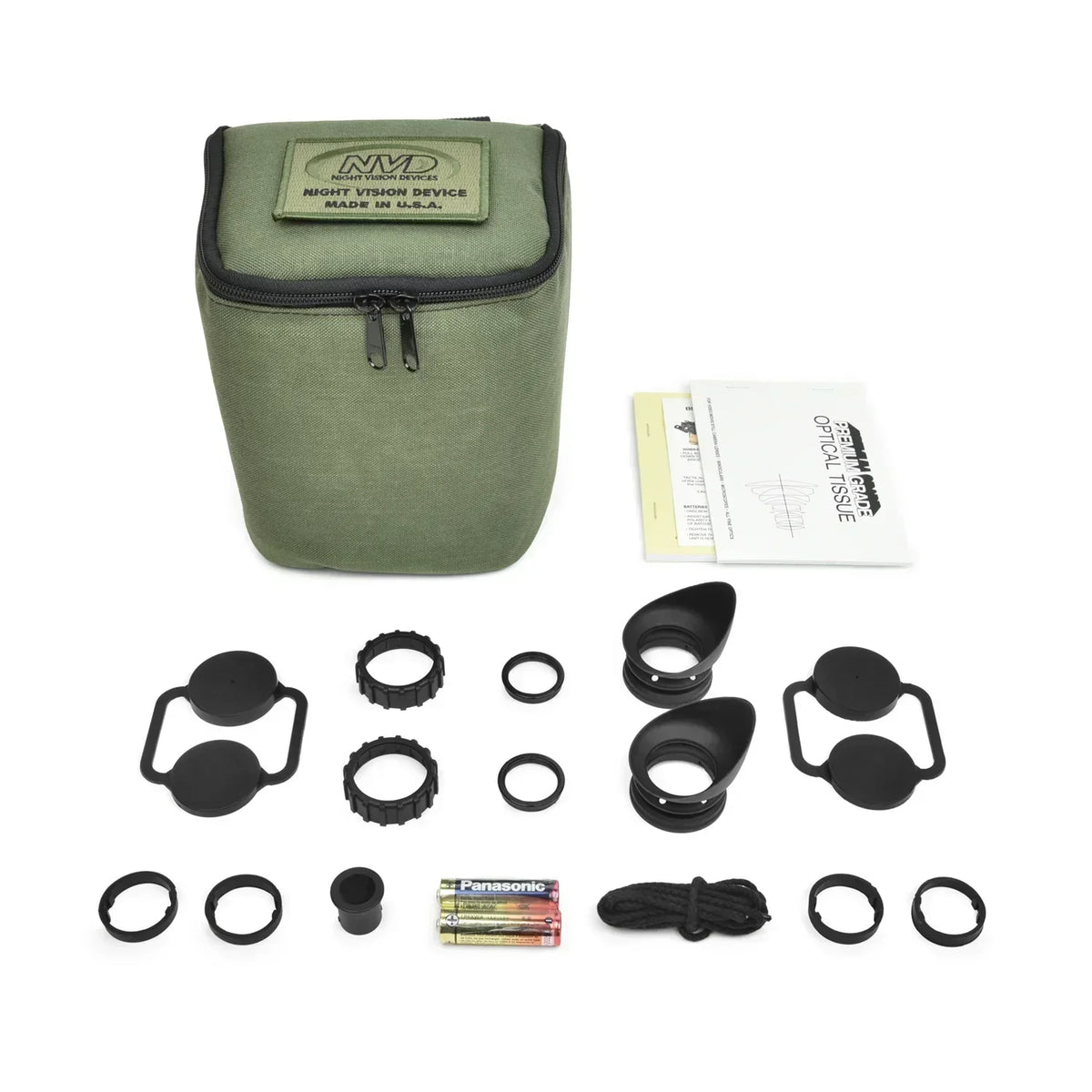 Night vision device accessory kit with olive green carry case, batteries, and lens caps.