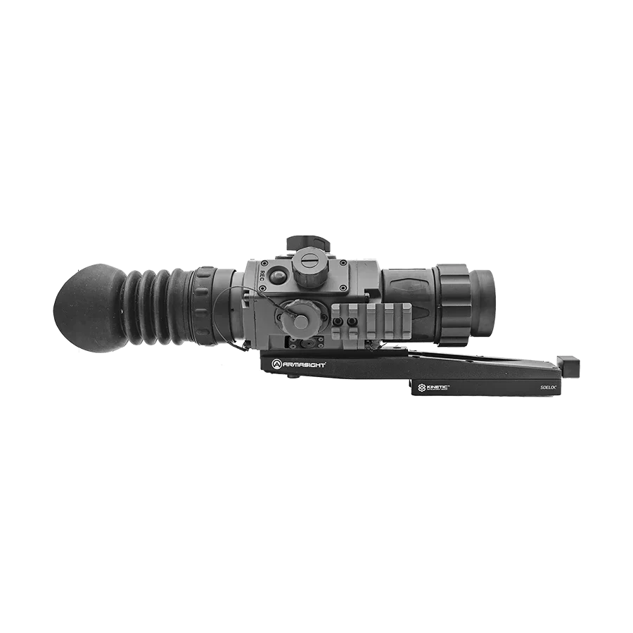 Thermal night vision optic scope with adjustable knobs and rubber eyecup on black mount