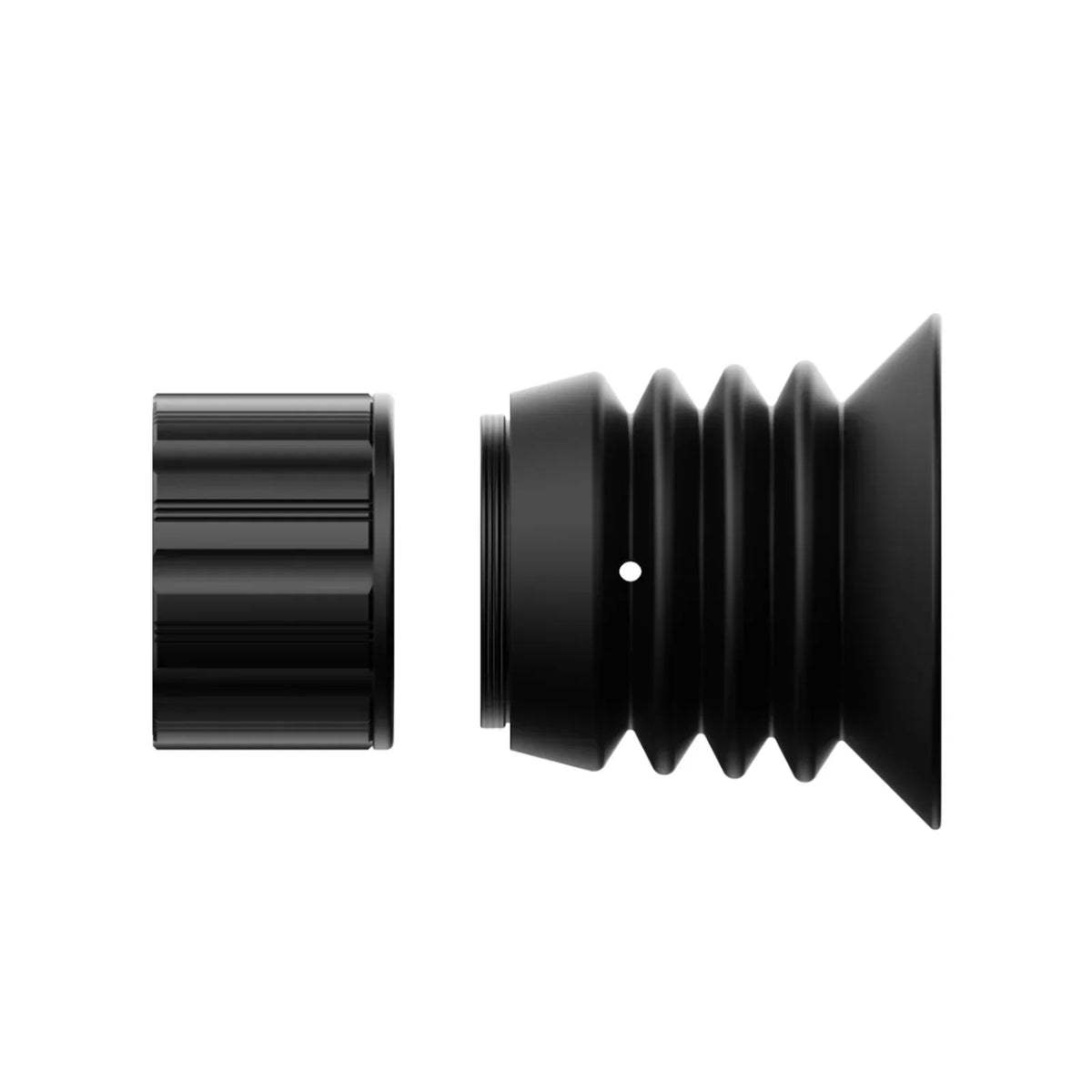 Black night vision optic eyepiece accessory with rubber eye cup on white background