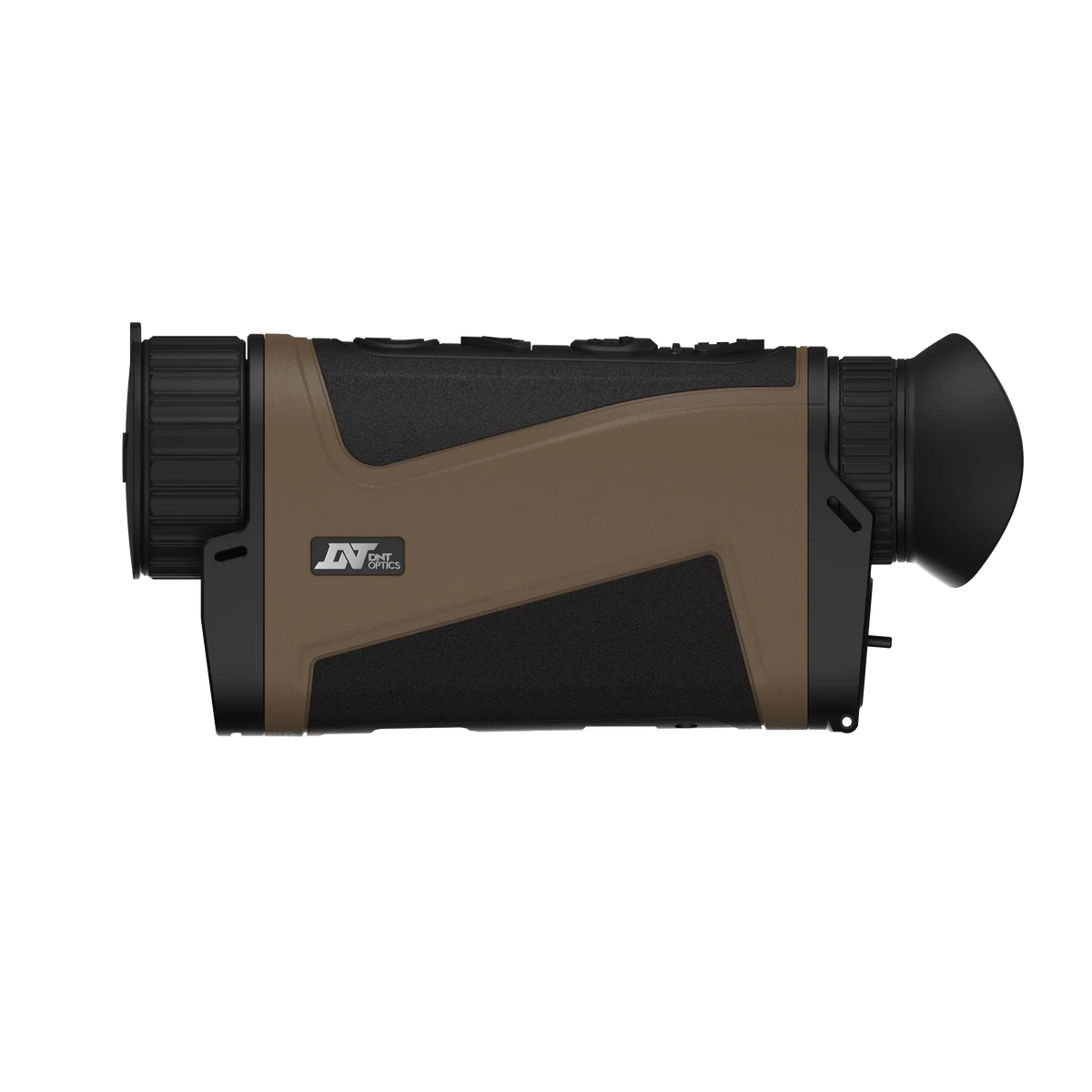 Side view of a brown and black DN T Optics night vision monocular on a black background.