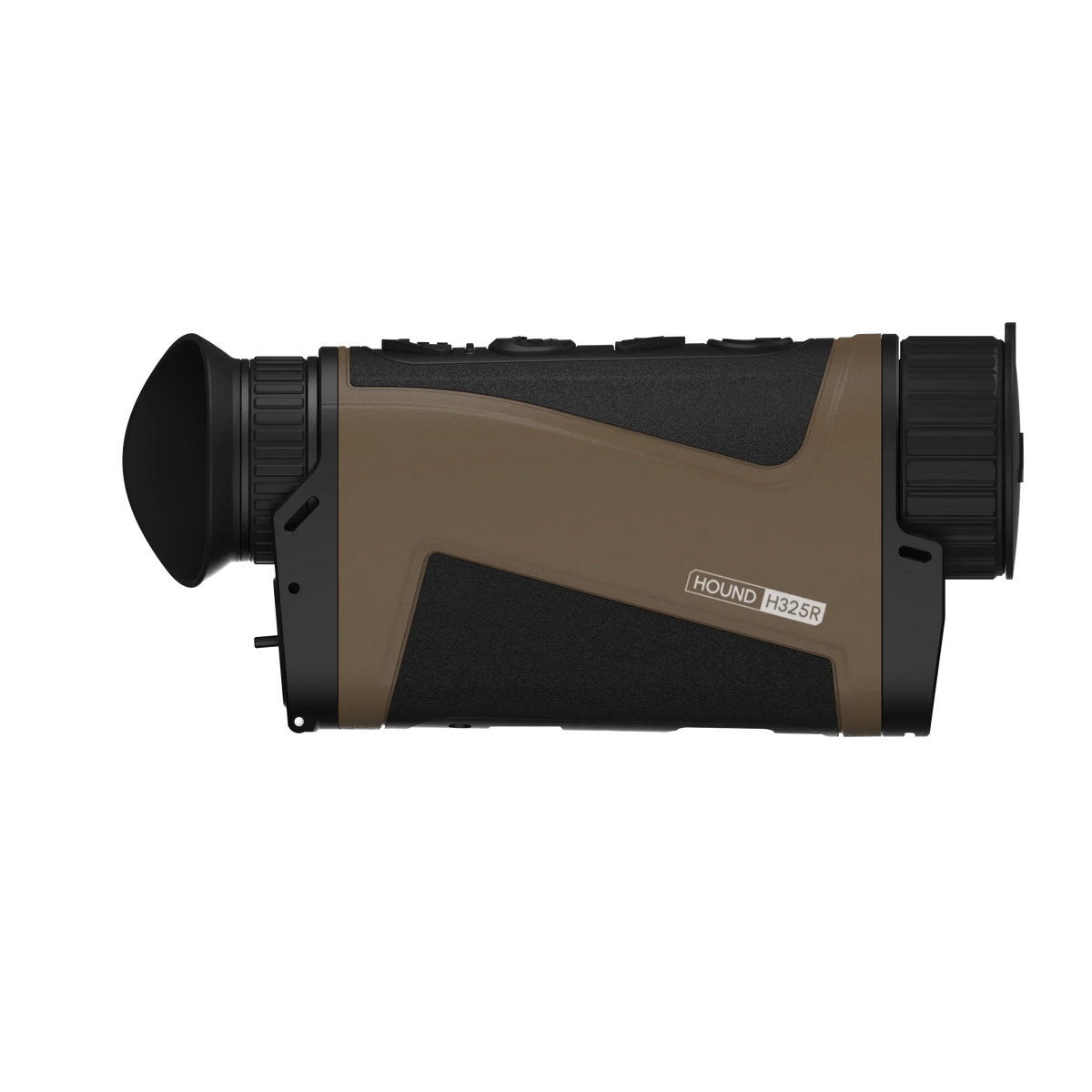 Side view of a HOUND H325R thermal monocular in tan and black.