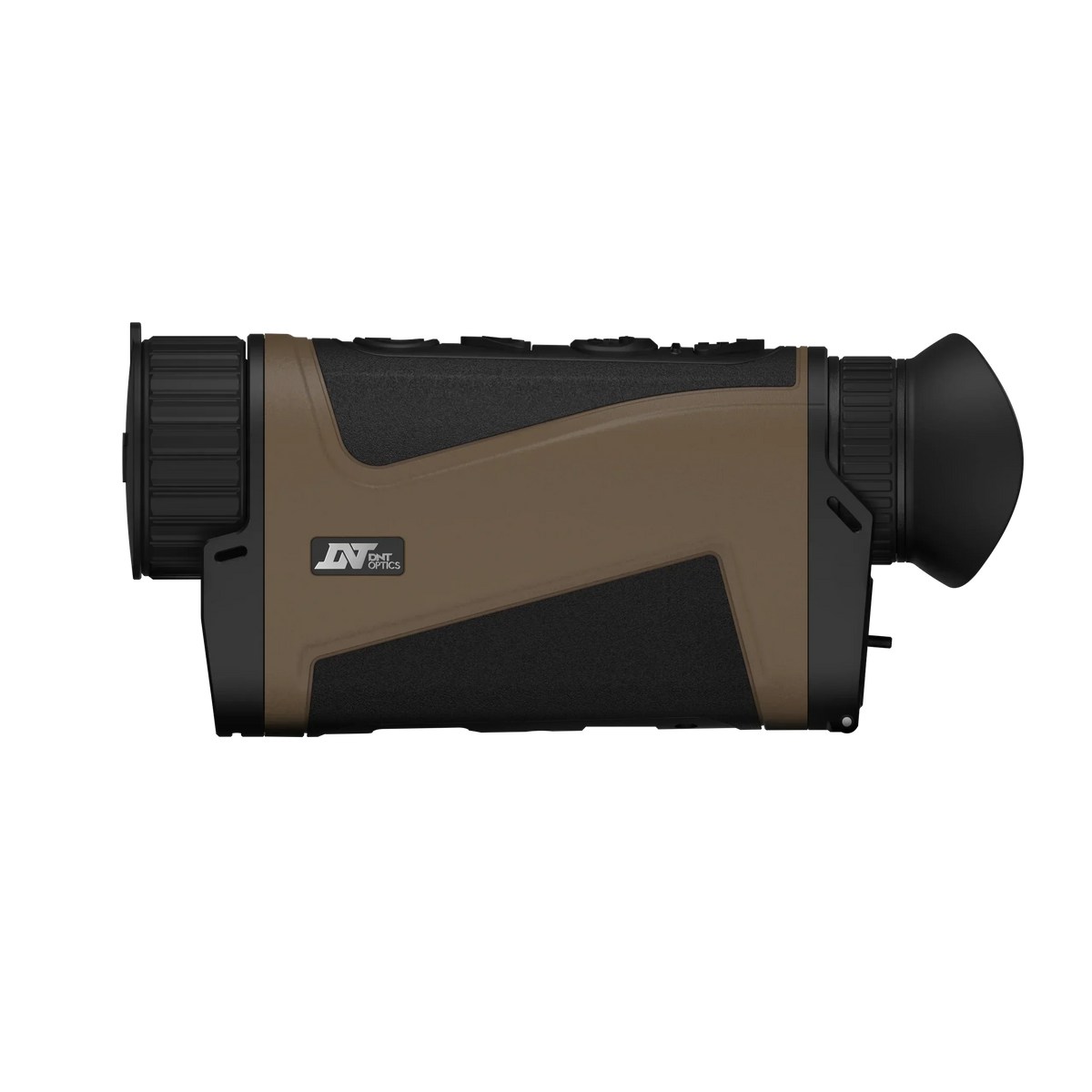 Side view of a tan and black DN DMT Optics thermal imaging scope on a black background.