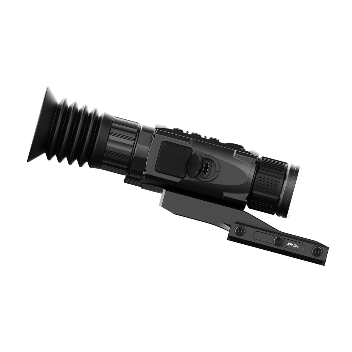 Black digital night vision optic with a mounting rail on a white background