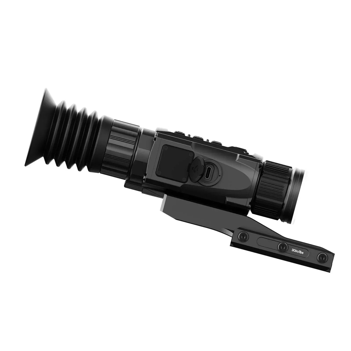 Black night vision monocular optic with mounting bracket on a white background