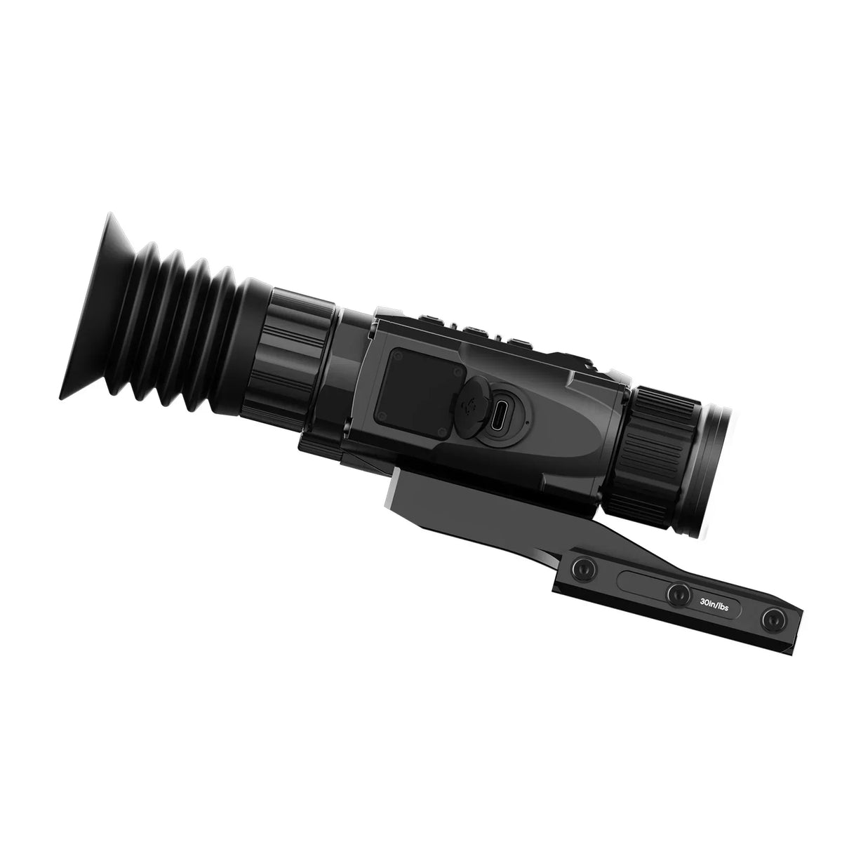 Black handheld night vision monocular with a rubber eyecup and mounting bracket