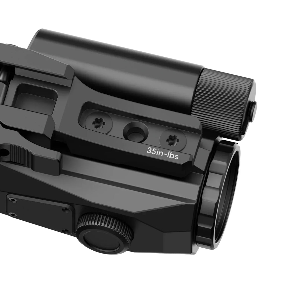 Close-up of a black night vision optic mount with a 35in-lbs torque specification label.