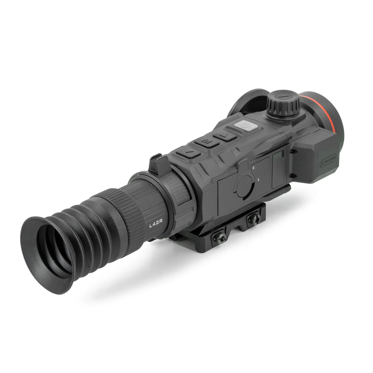 Black L42R night vision monocular optic with adjustable eyepiece on white background