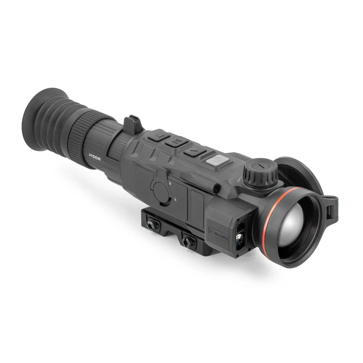 Black H50R night vision monocular with eye cup and mounting bracket on a white background