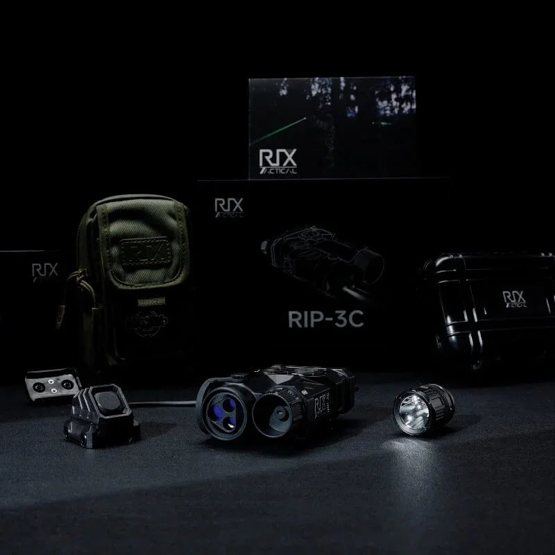 RIP-3C night vision optic device and accessories displayed with carrying cases and packaging.