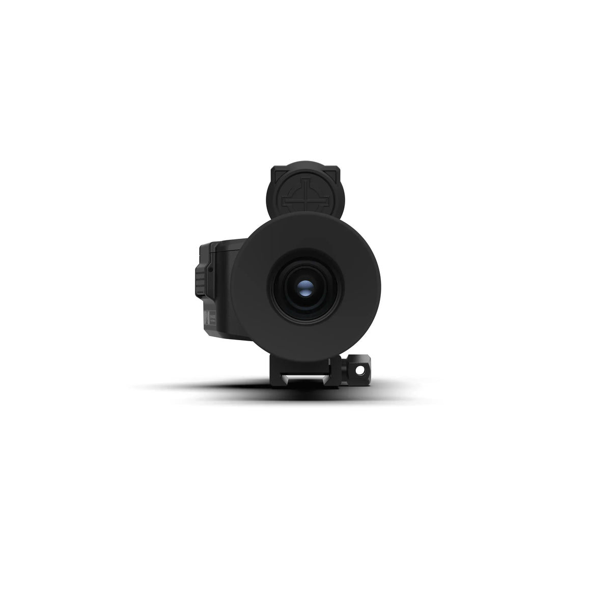 Front view of a black thermal imaging scope on a white background