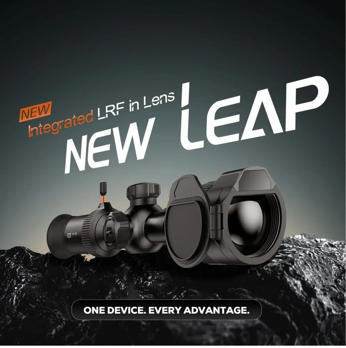 New Leap night vision scope with integrated LRF in lens resting on a dark rocky surface.