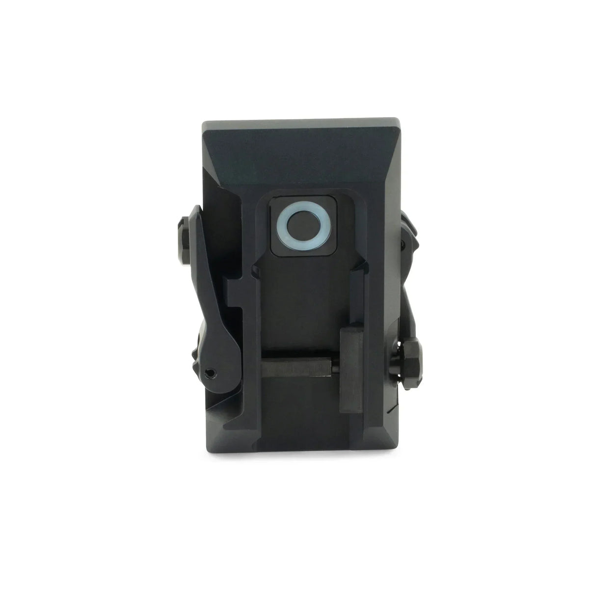 Front view of a black night vision optic device against a white background