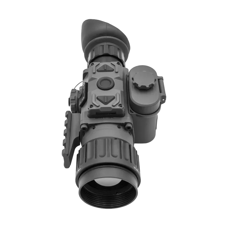 Digital thermal imaging scope with control buttons and lens, isolated on white background