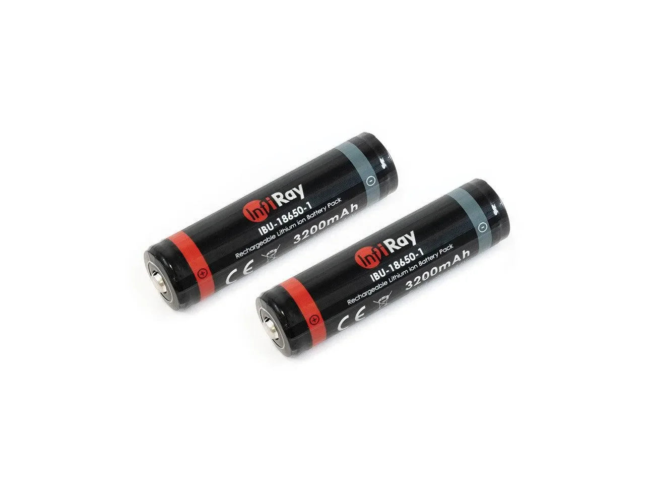 Two black 3200mAh rechargeable 18650 lithium-ion batteries on white background