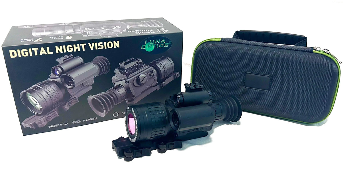 Luna Optics digital night vision riflescope with box and carrying case