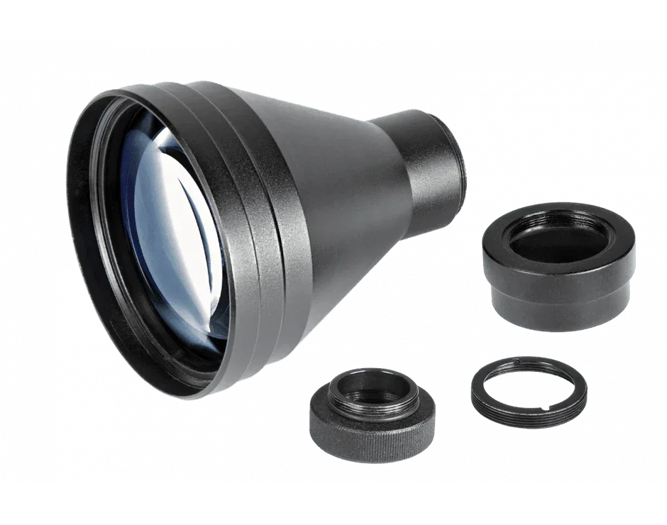 5x afocal magnifier lens assembly with adapters for night vision devices on black background