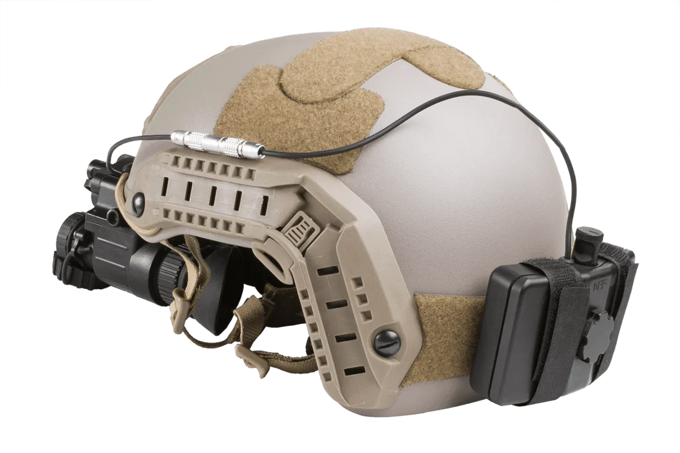 Tactical helmet with mounted night vision binocular and battery pack, tan and black design