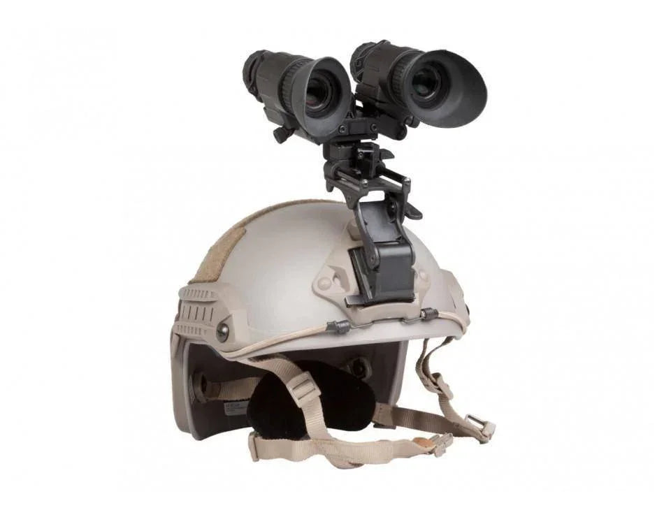 Tactical helmet with mounted Gen 3 night vision binoculars on white background