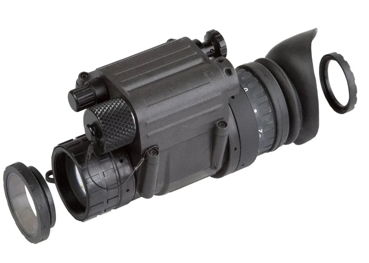 Gen 2 night vision monocular with lens caps and adjustable eyepiece on white background