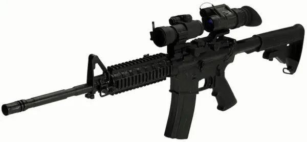 Weapon mount with PVS-14 night vision optic attached to tactical rifle, side view