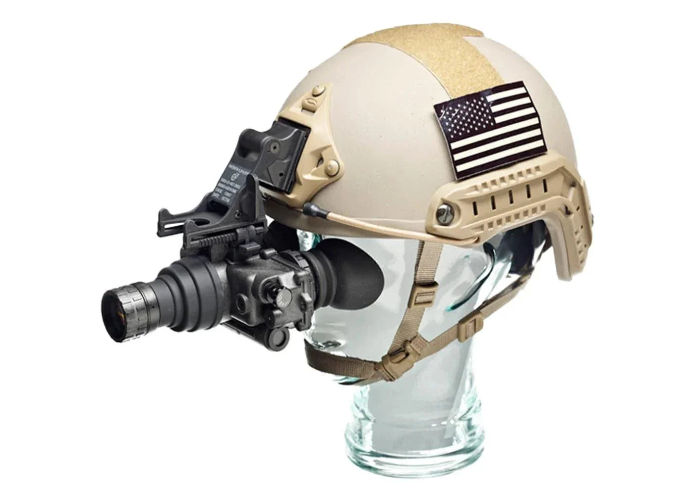 Tan tactical helmet with mounted night vision goggles and American flag patch