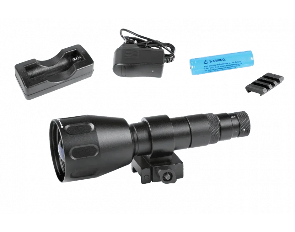 Long range infrared illuminator kit with flashlight, charger, battery, and mounting rail