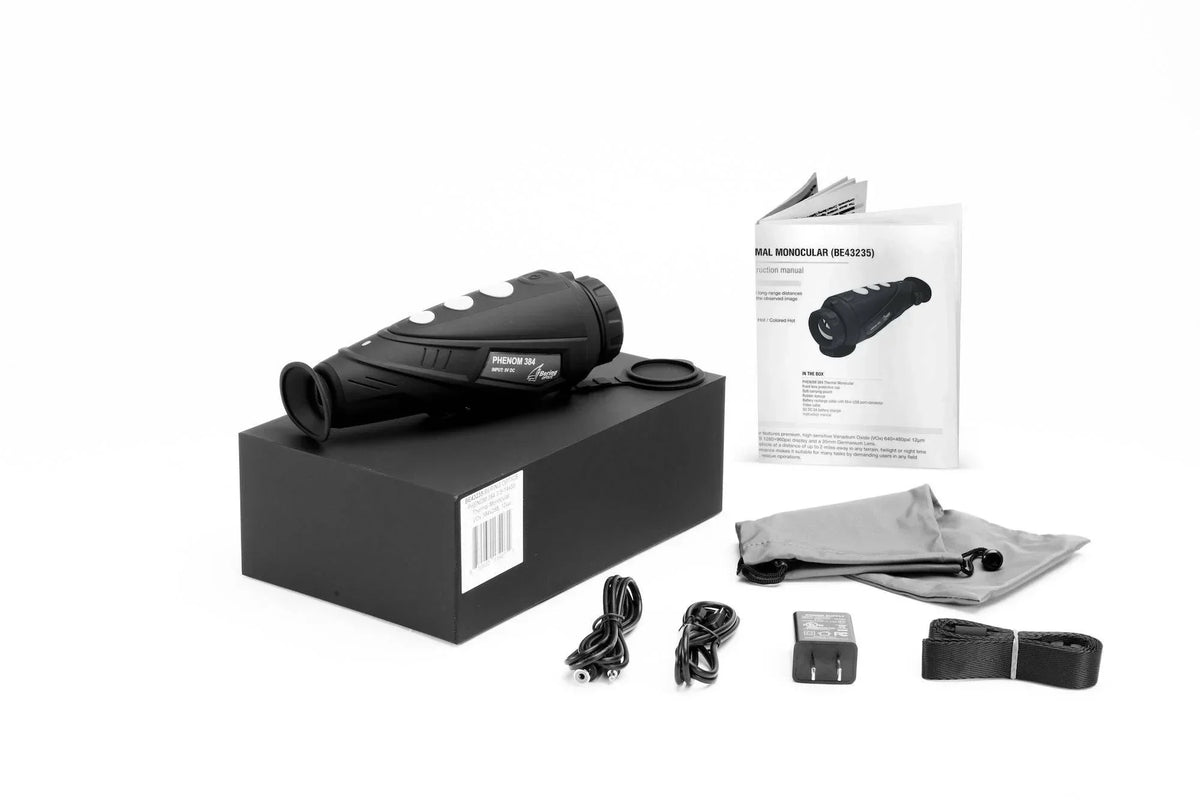 Thermal monocular night vision device kit with cables, manual, case, and accessories