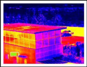 Bering Optics Phenom 640 35mm thermal monocular night vision view of a building in false colors
