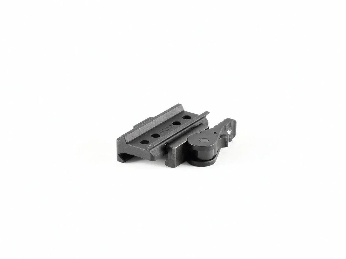 Picatinny rail QD mount for thermal or night vision optic, black metal, isolated on white