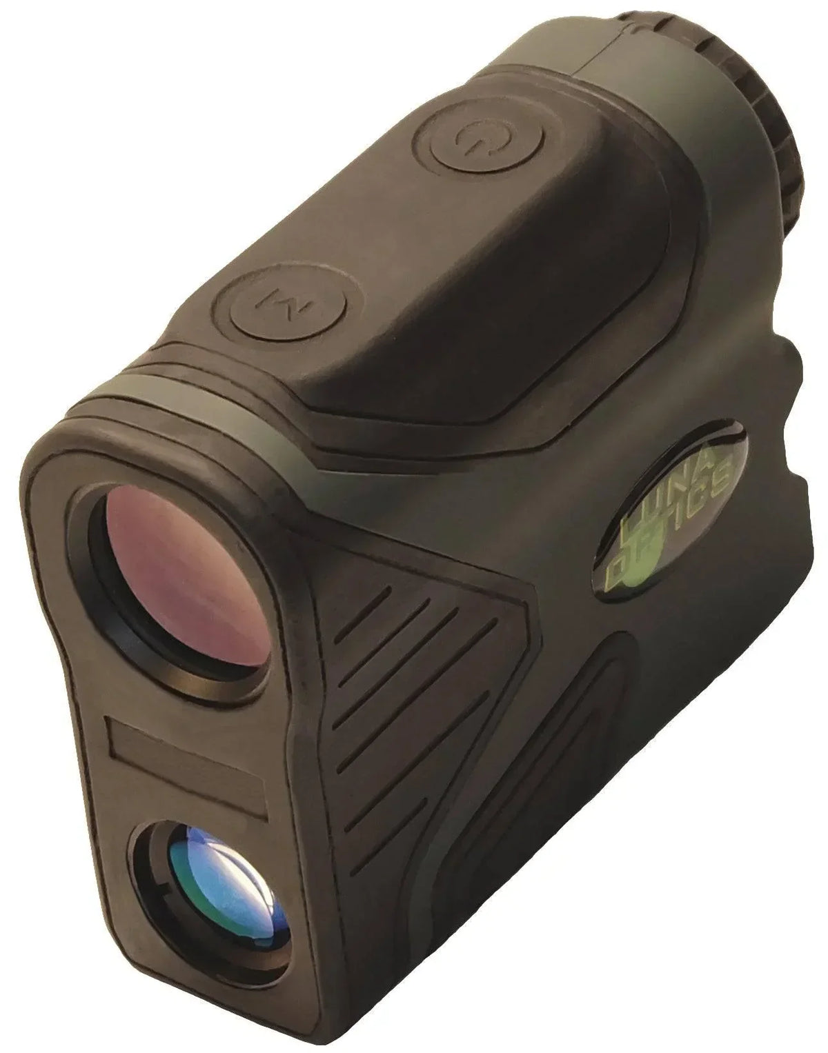 Compact black digital rangefinder monocular with dual lenses and top control buttons