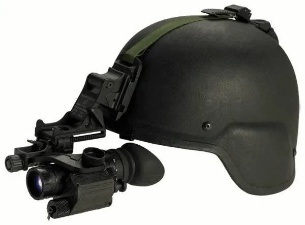 Tactical helmet with attached PVS-14 night vision monocular, Gen 3 white phosphor