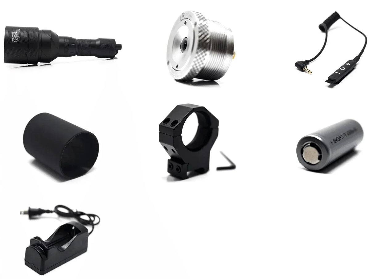 Infrared illuminator kit with flashlight, lens, mount, battery, charger, and remote switch