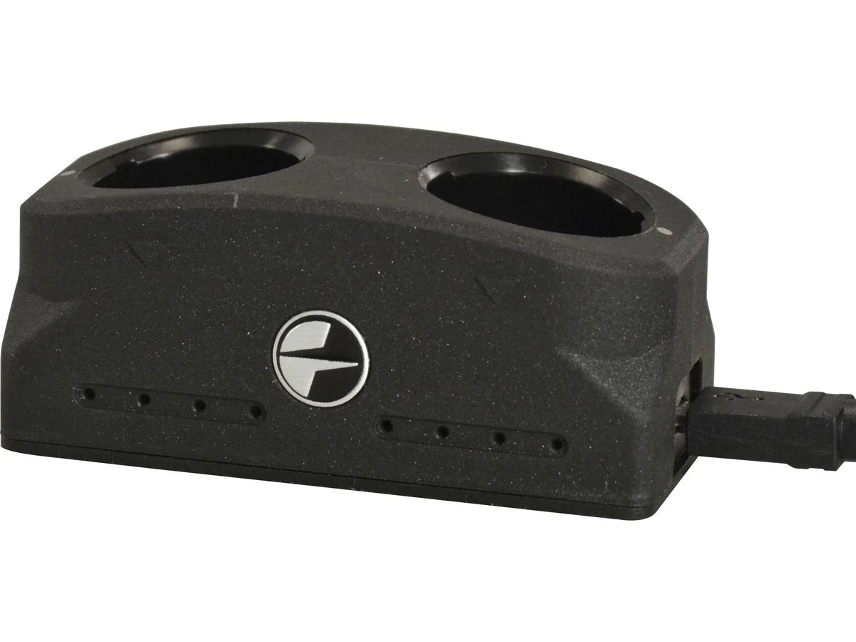 Dual slot APS battery charger for night vision or thermal optic batteries, close-up view