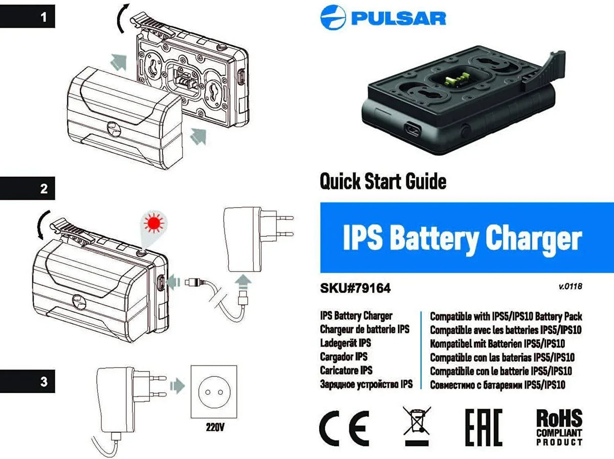 Pulsar IPS battery charger quick start guide with product image and step-by-step charging instructions.