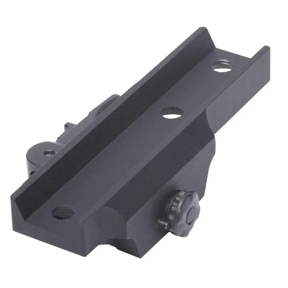 Black locking QD mount for night vision or thermal optics, close-up on white background