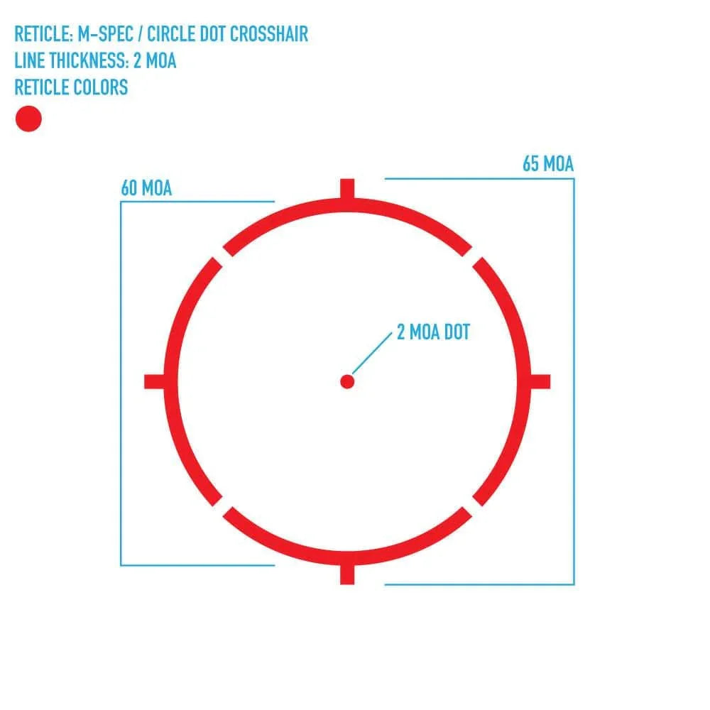 M-Spec circle dot crosshair reticle diagram with 2 MOA dot and red color markings