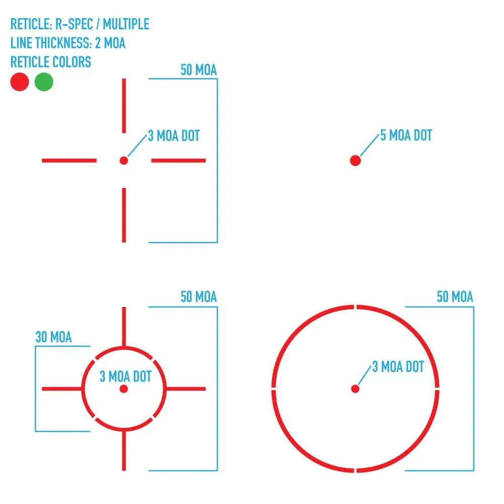 Sightmark Ultra Shot R-Spec reflex sight reticle patterns with red and green dot options and MOA measurements.