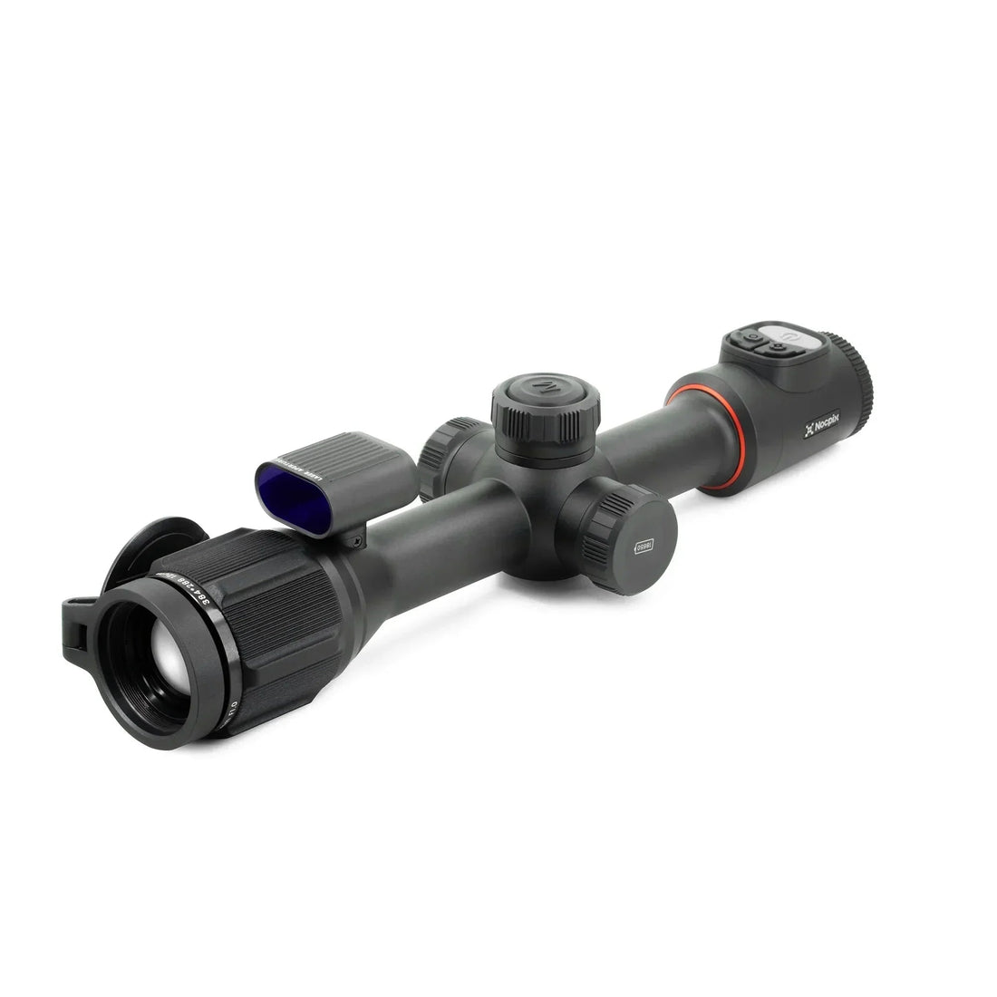 Night vision riflescope with lens cap open on a white background