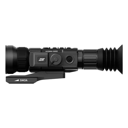 HYDRA LRF 50mm multi-function thermal scope side view, black body, mounting rail visible