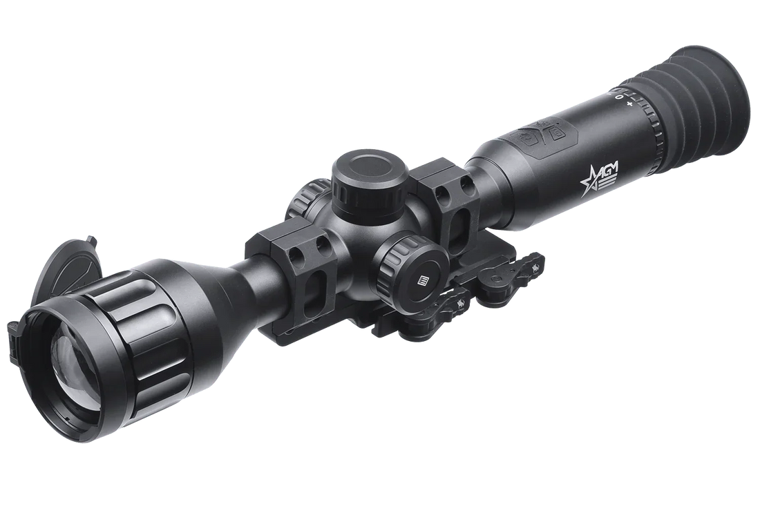 AGM Adder thermal rifle scope with lens cap, dials, and matte black finish for hunting