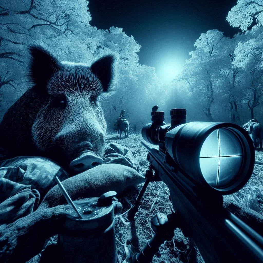 Thermal optics view of wild hog hunting at night in a forest, rifle scope in foreground