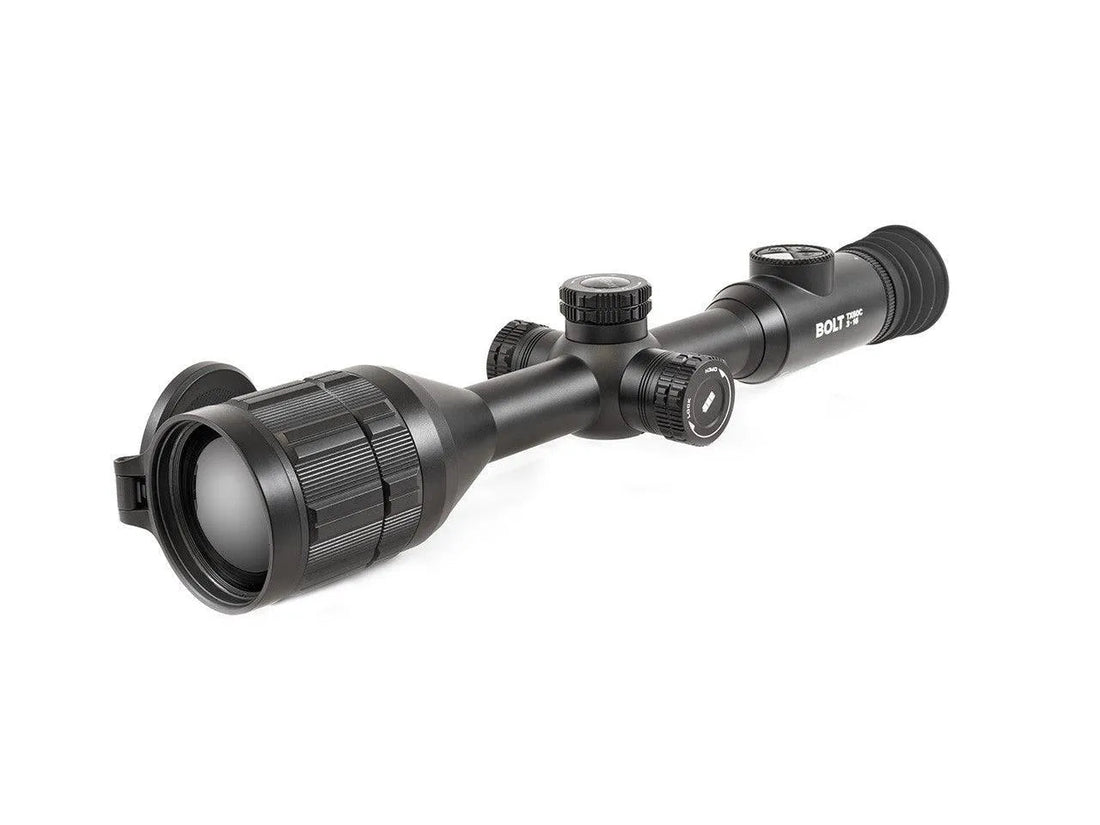Infiray Bolt thermal scope for rifles, black, with adjustable dials on white background